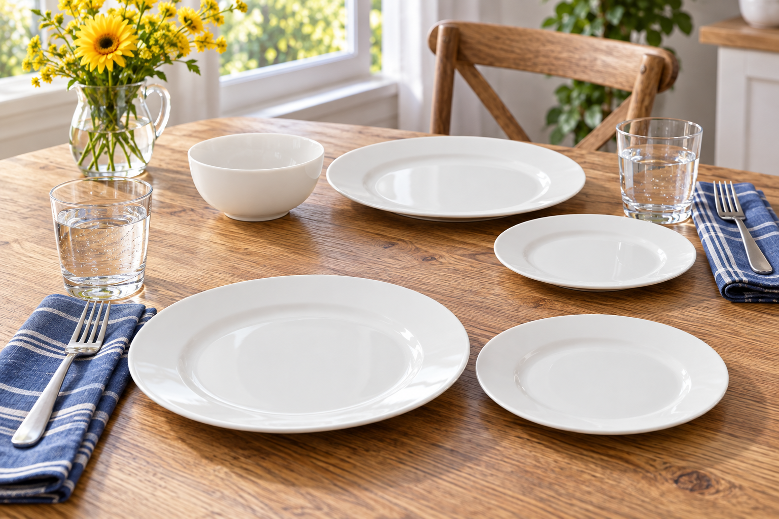 Room Study styling image of the Amazon Basics White 18-Piece Porcelain Dinner Set in a naturally lit home interior; other furnishings and accessories shown for styling.