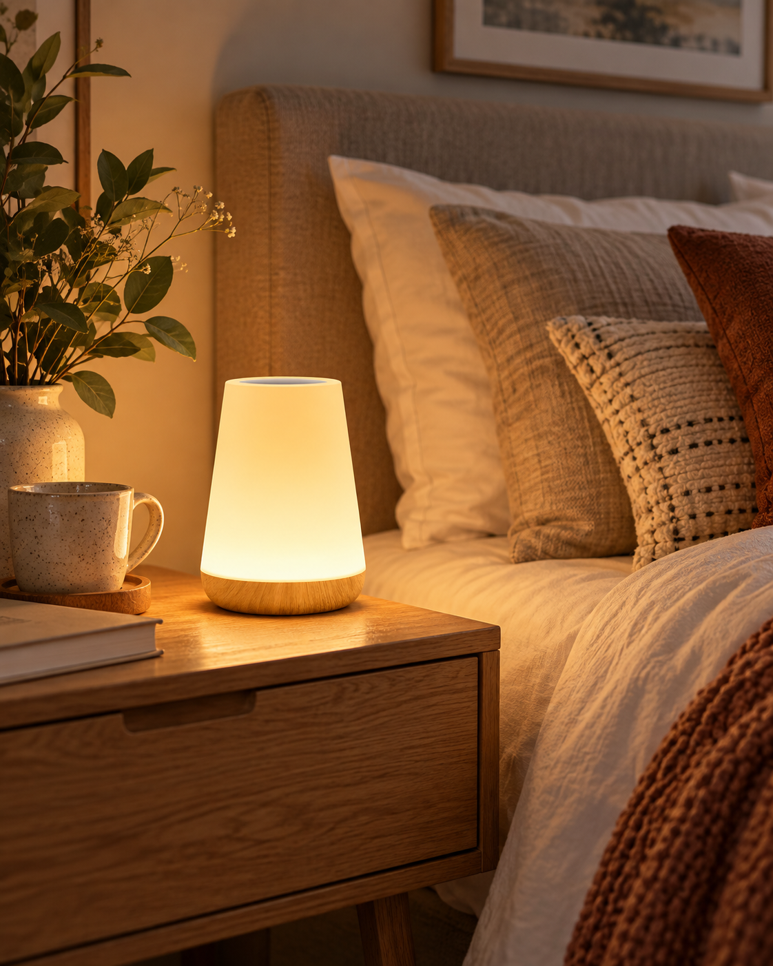 Room Study bedroom styling: a compact glowing light on a wooden bedside table beside layered pillows.