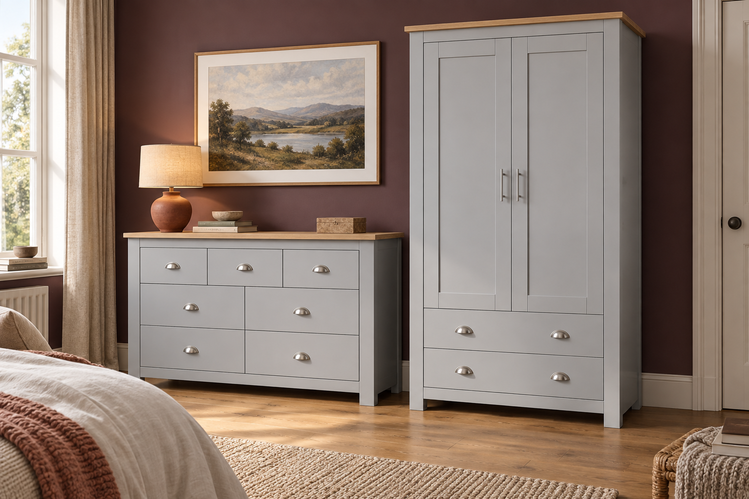 Room Study styling image of the Blisswood Two-Piece Bedroom Set, Grey and Oak in a naturally lit home interior; other furnishings and accessories shown for styling.