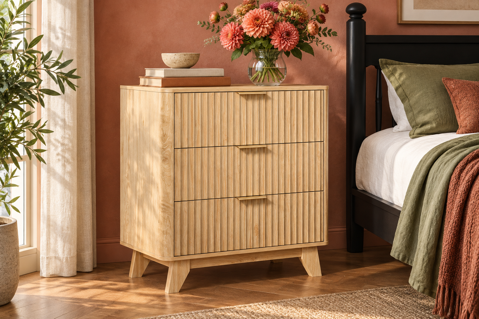 Room Study styling image of the Bonnlo Three-Drawer Fluted Chest, Oak in a naturally lit home interior; other furnishings and accessories shown for styling.
