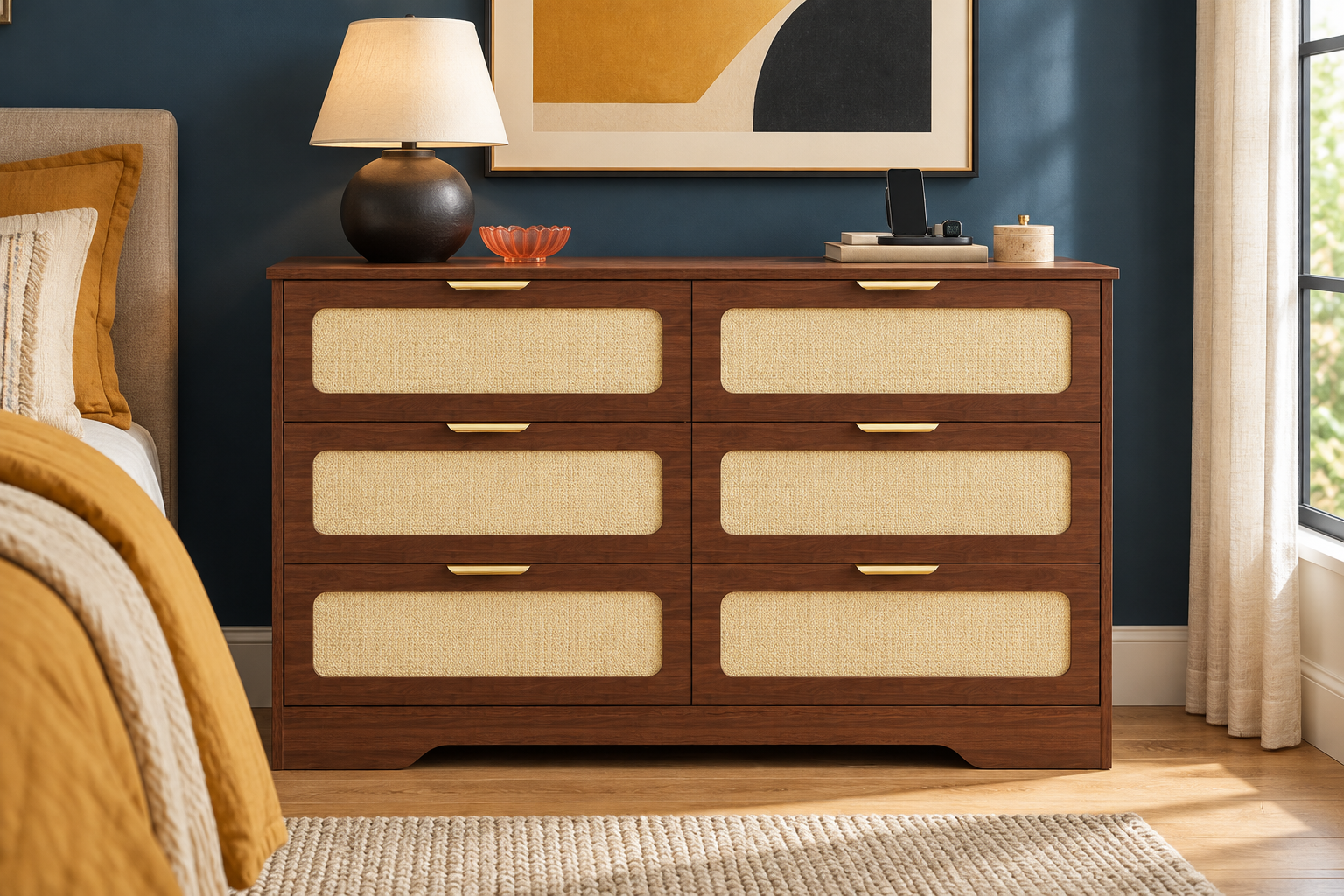 Room Study styling image of the BonVache Six-Drawer Rattan Chest, Brown in a naturally lit home interior; other furnishings and accessories shown for styling.