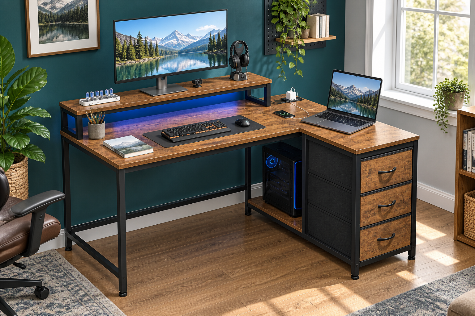 Room Study styling image of the Cliporix L-Shaped Desk with Fabric Drawers, Rustic Brown in a bright home workspace; other furnishings and accessories shown for styling.