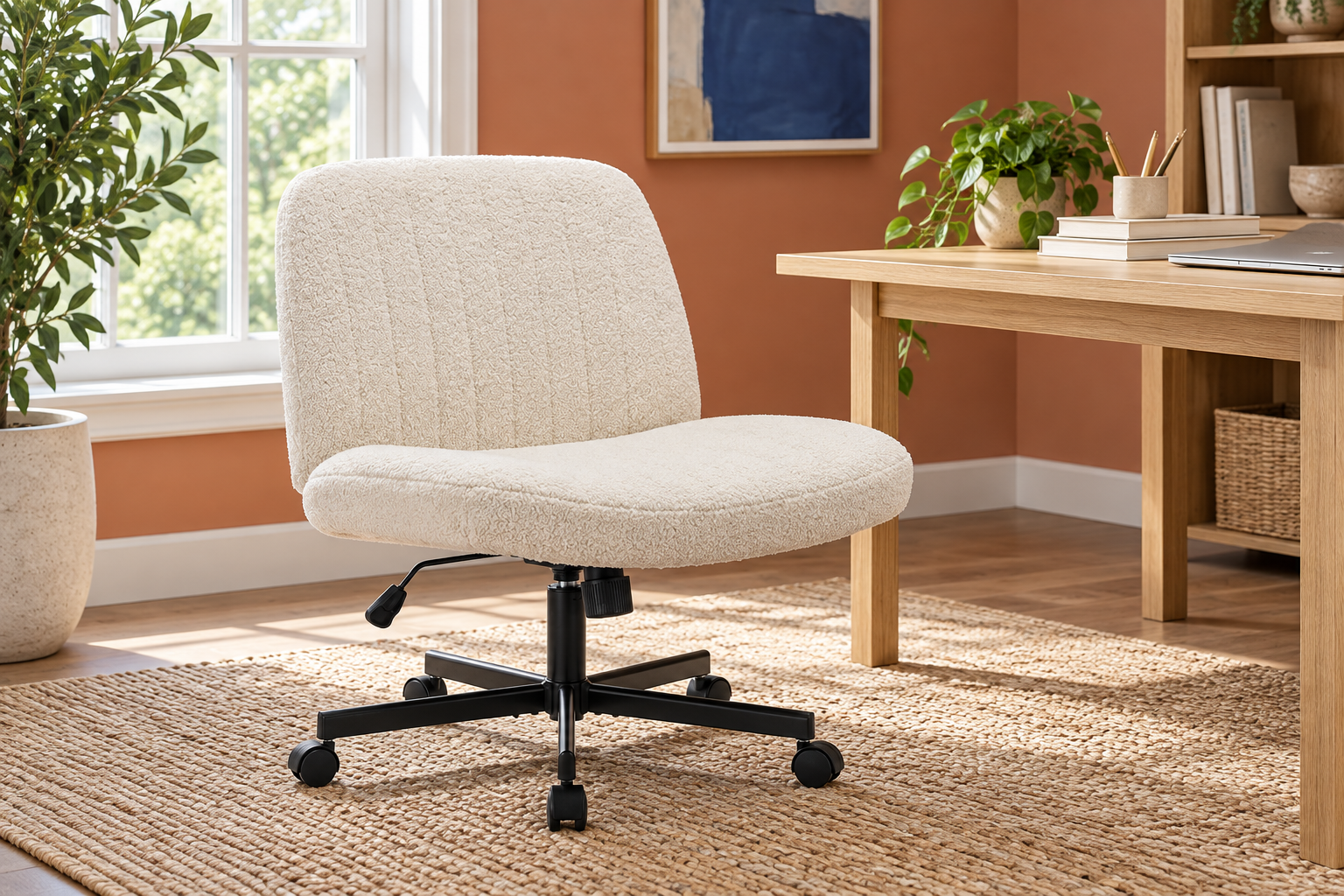 Room Study styling image of the COLAMY Wide Armless Office Chair with Wheels, Cream in a bright home workspace; other furnishings and accessories shown for styling.