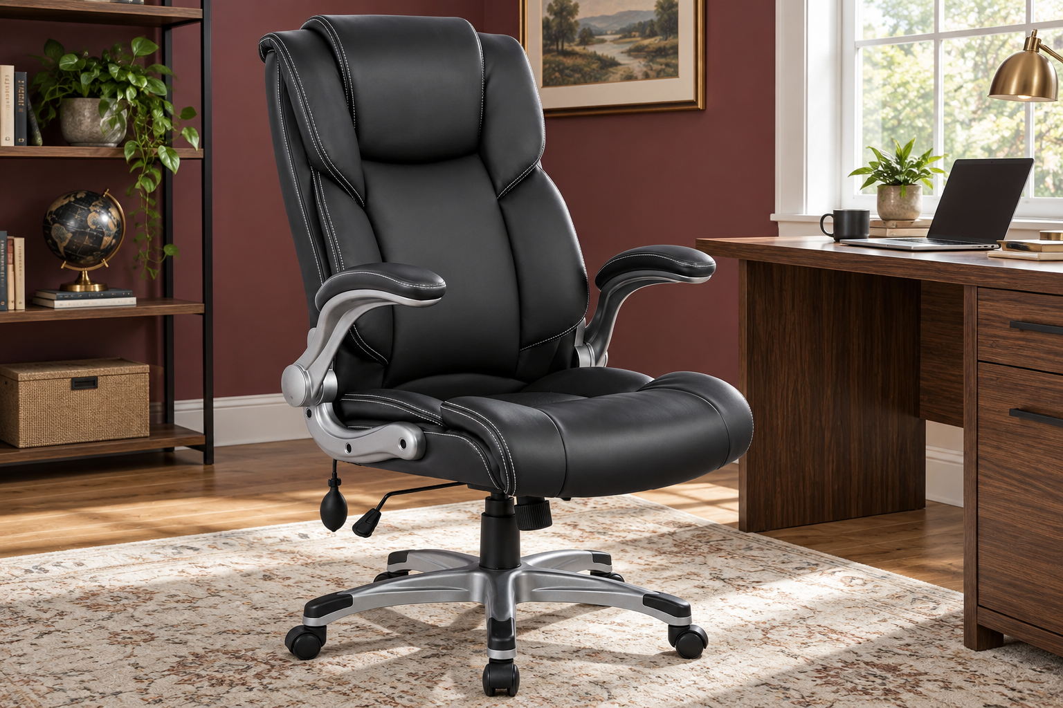 Room Study styling image of the COLAMY High-Back Executive Chair, Black Bonded Leather in a bright home workspace; other furnishings and accessories shown for styling.