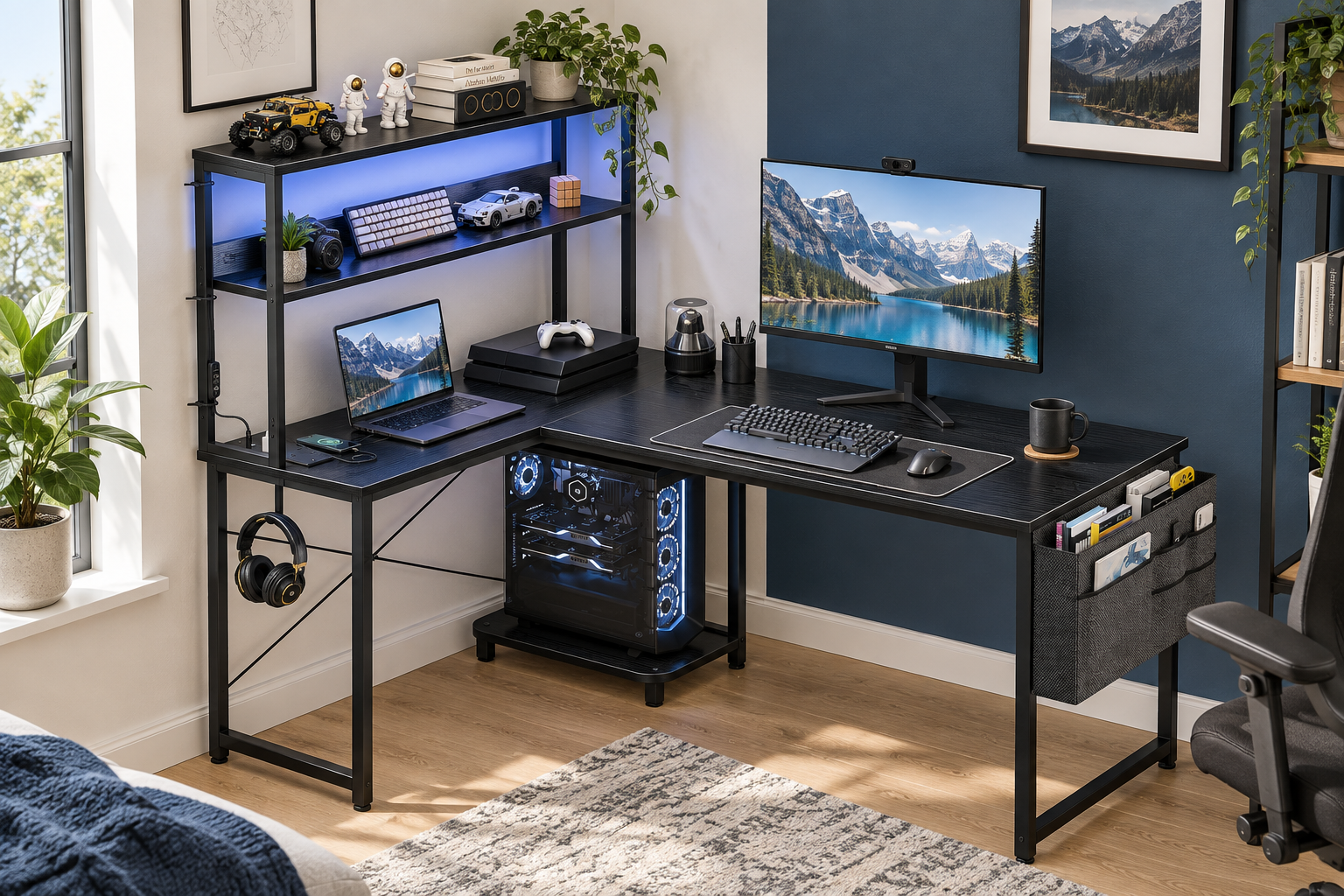 Room Study styling image of the Coleshome L-Shaped Desk with Shelves and LED Lights, Black, 110 x 80 cm in a bright home workspace; chair and accessories shown for styling.
