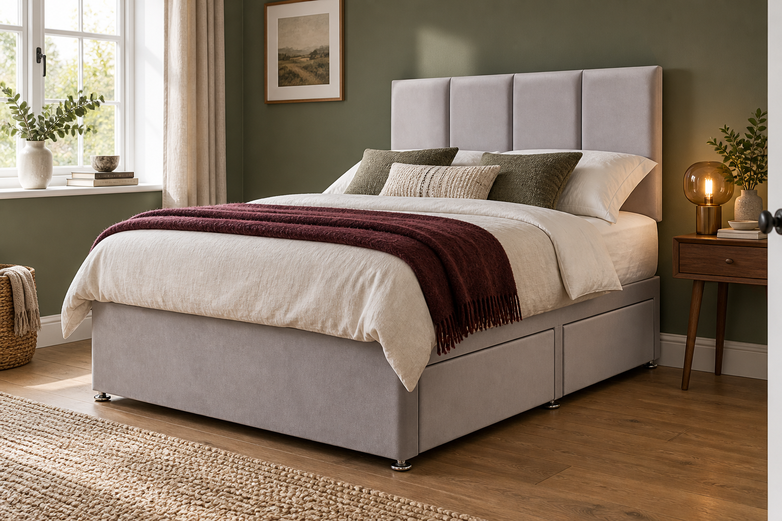 Room Study styling image of the ComfoRest Four-Panel Divan Bed with Two Drawers, Silver Plush, Small Double in a naturally lit home interior; other furnishings and accessories shown for styling.