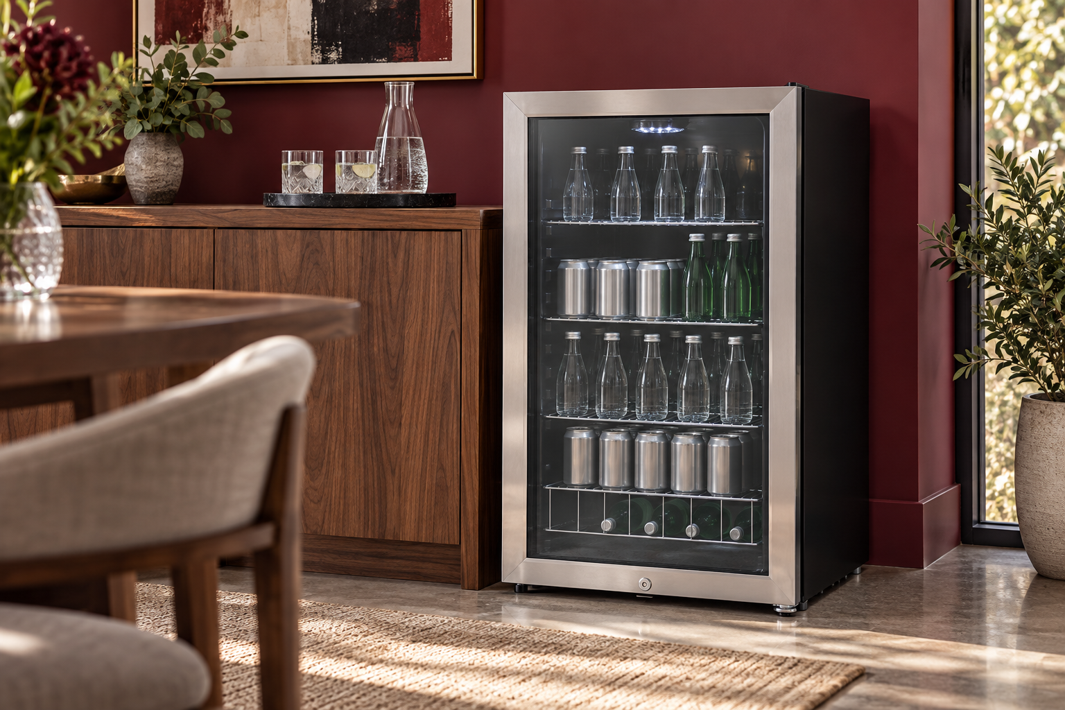 Room Study styling image of the Cookology CBC130SS Silver 115L Glass-Door Drinks Fridge in a naturally lit home interior; other furnishings and accessories shown for styling.