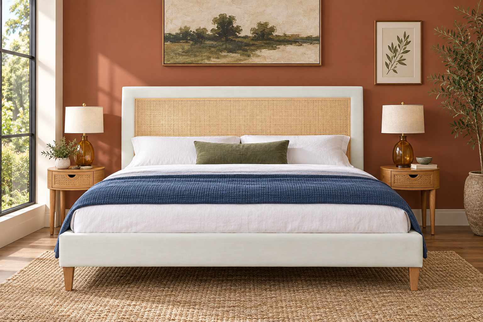 Room Study styling image of the Dapedomal Cane-Headboard Bed Frame, Antique White, King in a naturally lit home interior; other furnishings and accessories shown for styling.