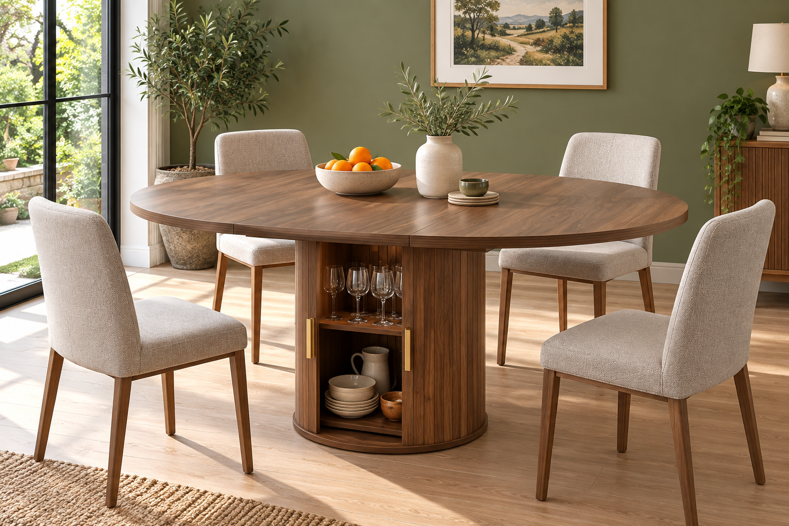Room Study styling image of the OOFAYJIA Walnut-Effect Extendable Dining Table with Storage in a naturally lit home interior; other furnishings and accessories shown for styling.