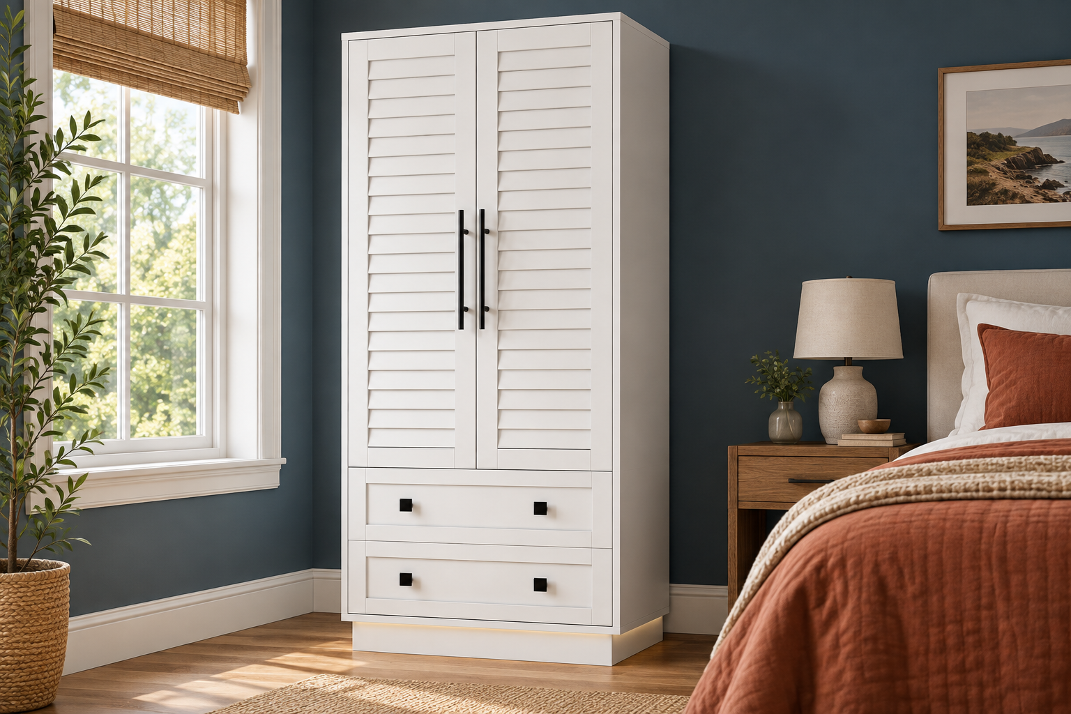 Room Study styling image of the FEONASE Two-Door Two-Drawer Wardrobe, White in a naturally lit home interior; other furnishings and accessories shown for styling.