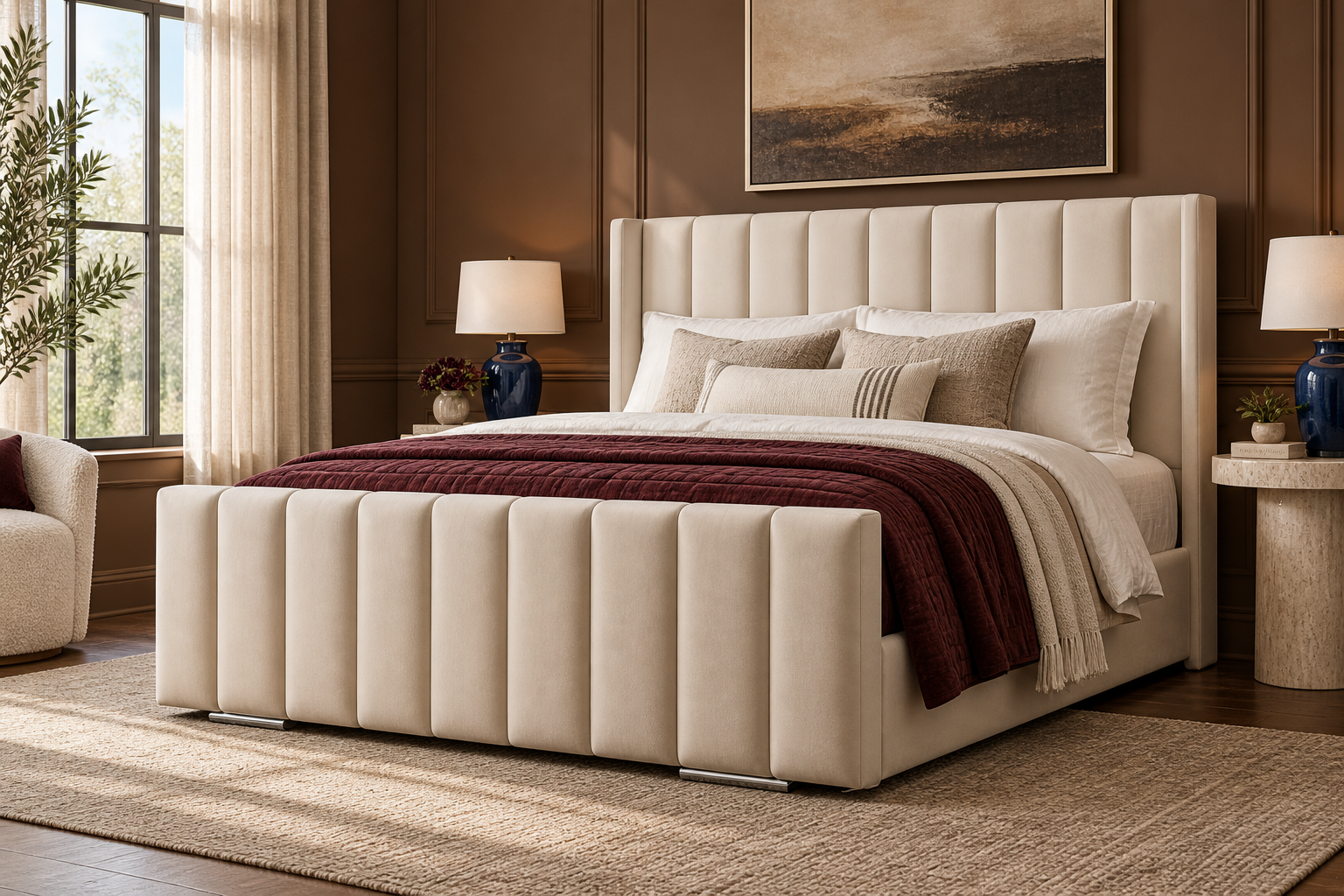 Room Study styling image of the Furnishion Vienna Wingback Bed Frame, Cream Plush, Double in a naturally lit home interior; other furnishings and accessories shown for styling.