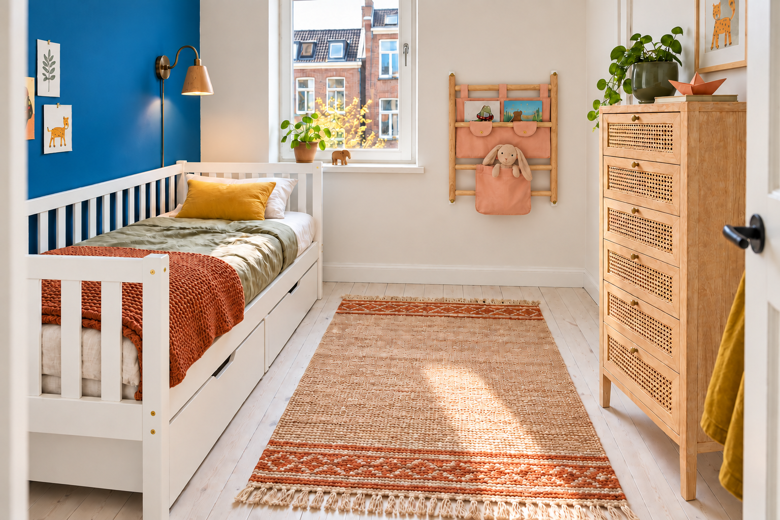 Room Study styling: a white storage bed against a deep blue wall in a compact child's bedroom.