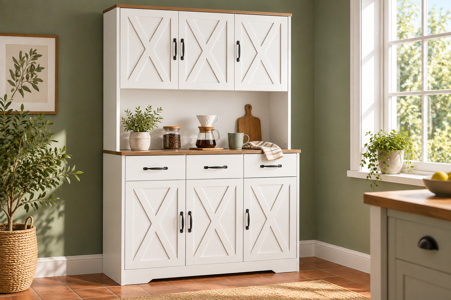 Room Study styling image of the FUSOU White Kitchen Pantry Cupboard with Charging Station and 3 Drawers in a naturally lit home interior; other furnishings and accessories shown for styling.