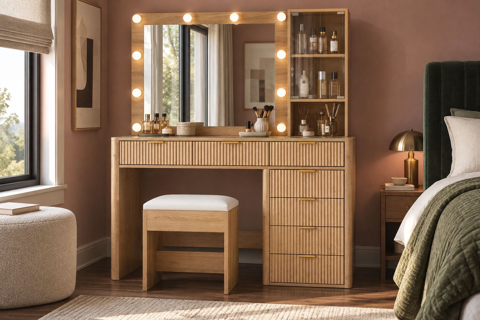 Room Study styling image of the FUSOU Seven-Drawer Dressing Table Set, Natural Oak in a naturally lit home interior; other furnishings and accessories shown for styling.