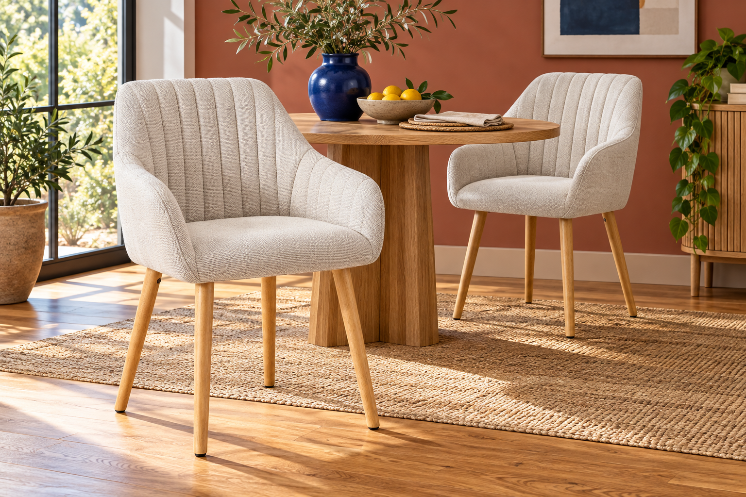 Room Study styling image of the Goeurvant Beige Upholstered Dining Chairs, Set of 4 in a naturally lit home interior; other furnishings and accessories shown for styling.