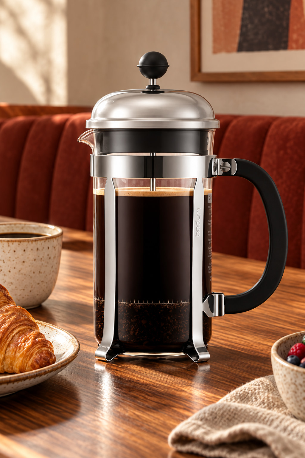 A chrome-framed glass cafetiere filled with coffee, with a black handle and domed lid, on a wooden breakfast table.