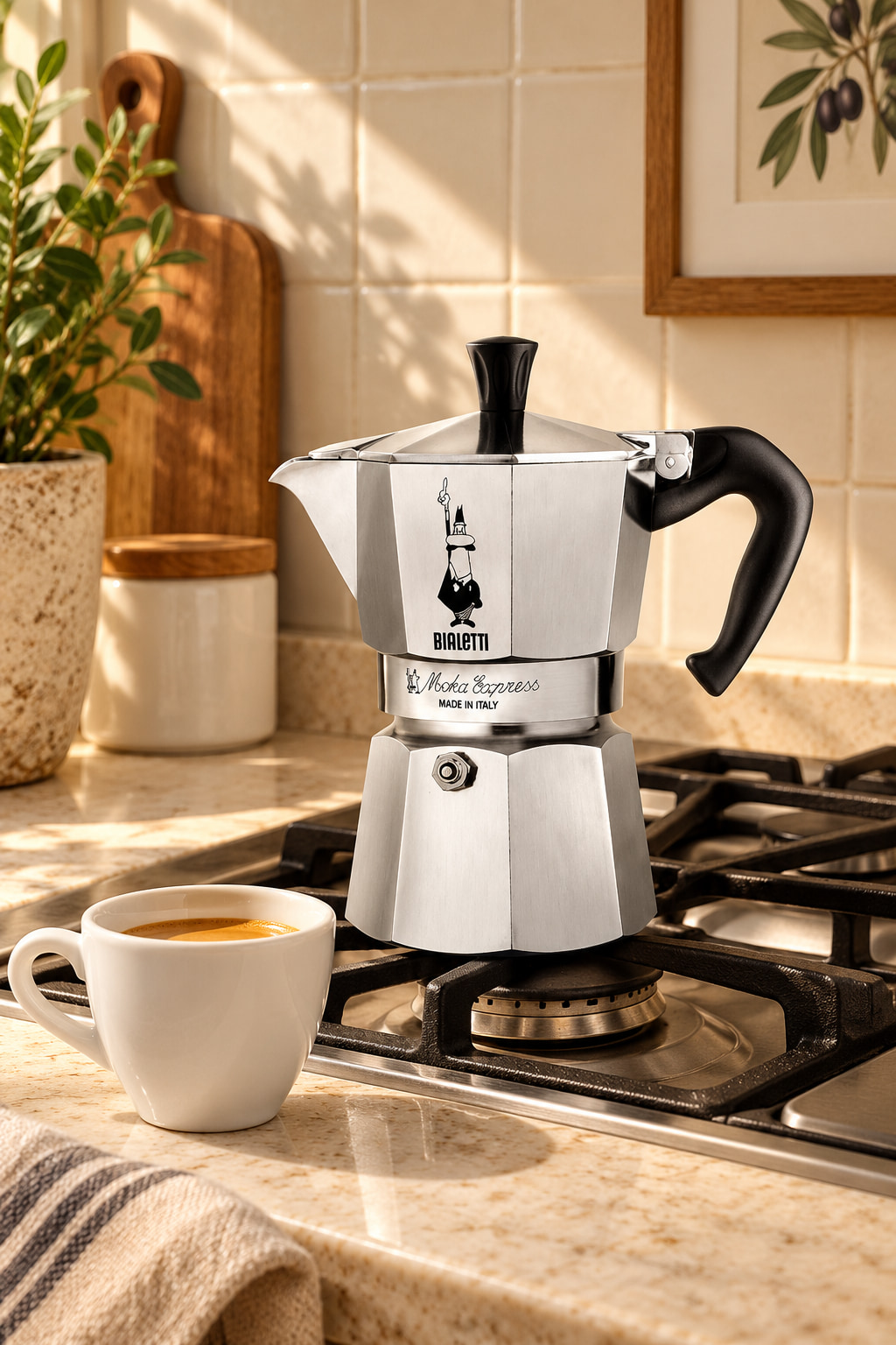 A silver octagonal moka pot with a black handle on an unlit gas hob, beside one plain white espresso cup.