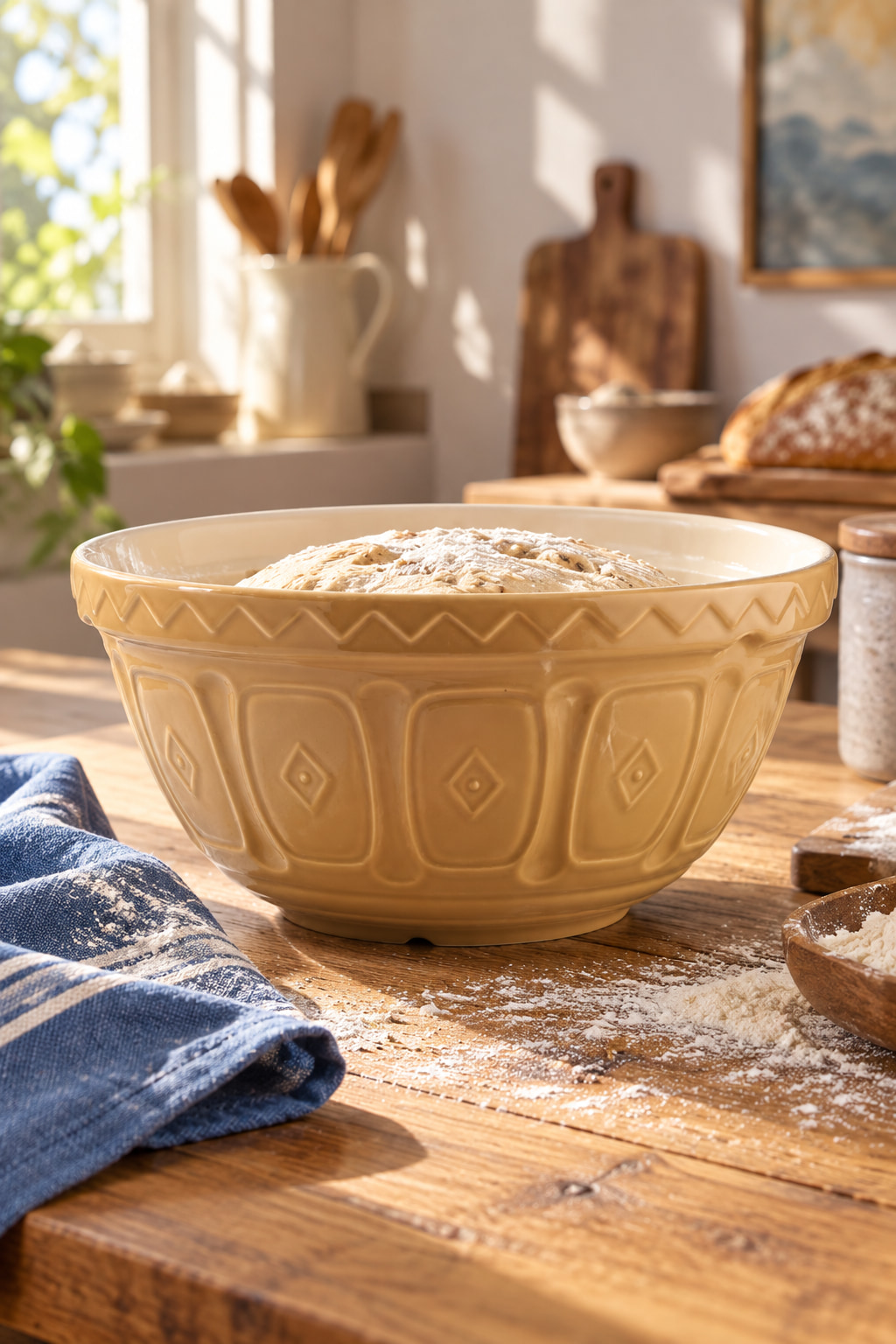A cane-coloured embossed mixing bowl with a cream interior and bread dough, on a flour-dusted wooden kitchen table.
