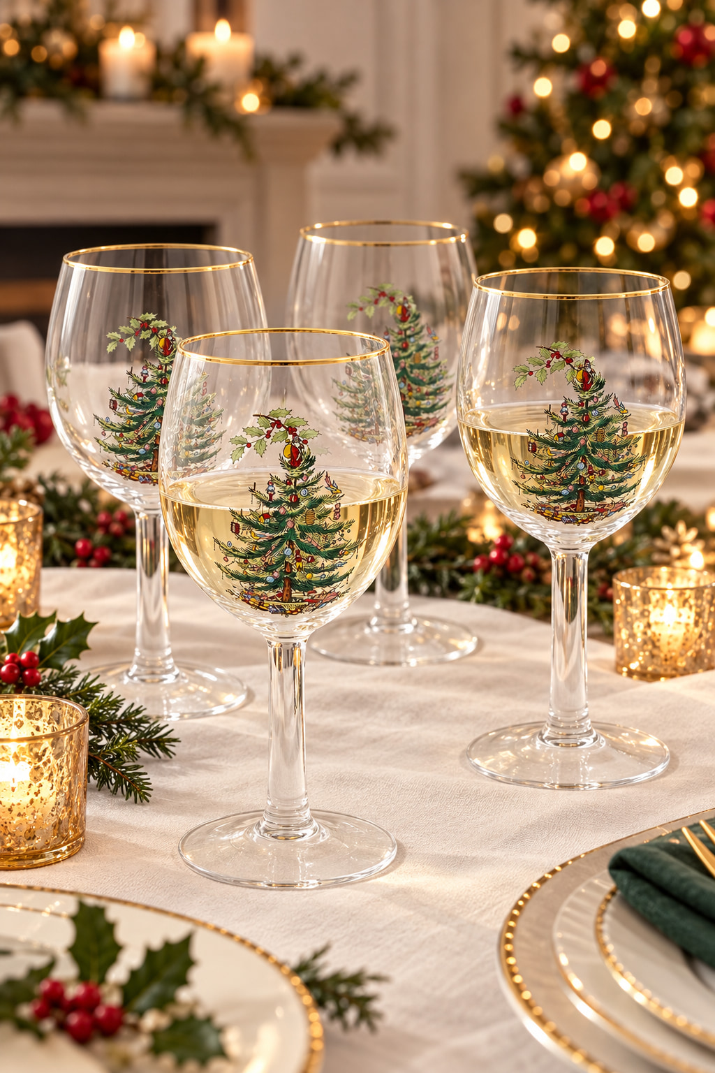 Four clear stemmed wine glasses with printed Christmas trees and gold rims, two containing white wine, on a festive table.