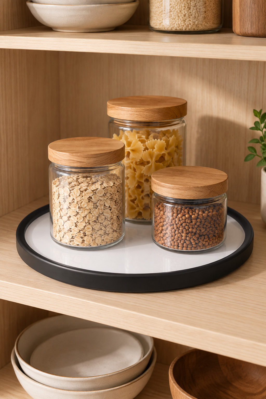Three glass pantry jars on a white turntable with a dark raised rim, inside an open pale-wood kitchen cupboard.