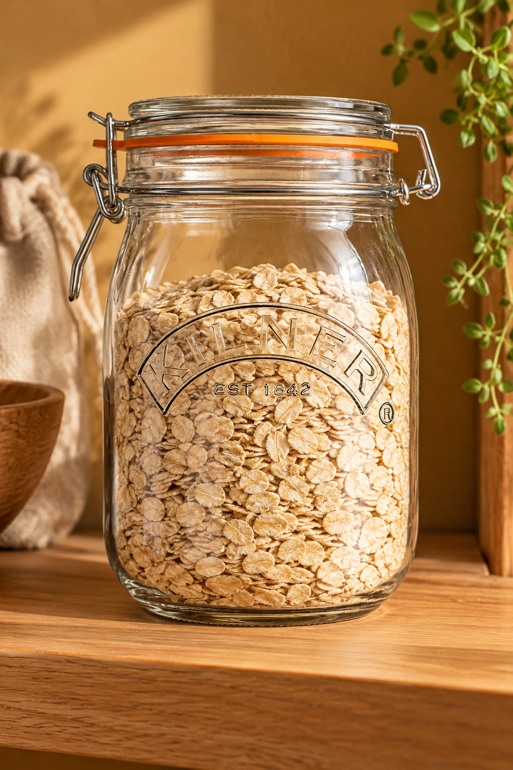 A clear clip-top glass jar filled with oats, with an orange seal and metal clasp, on an oak pantry shelf against an ochre wall.