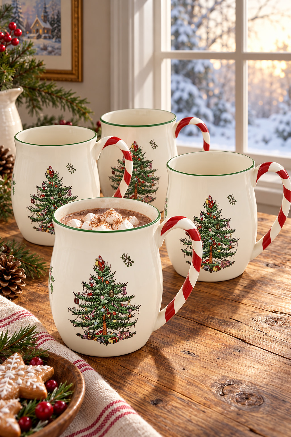 Four cream Christmas Tree mugs with green rims and red-and-white striped handles, one filled with hot chocolate, on a winter kitchen table.