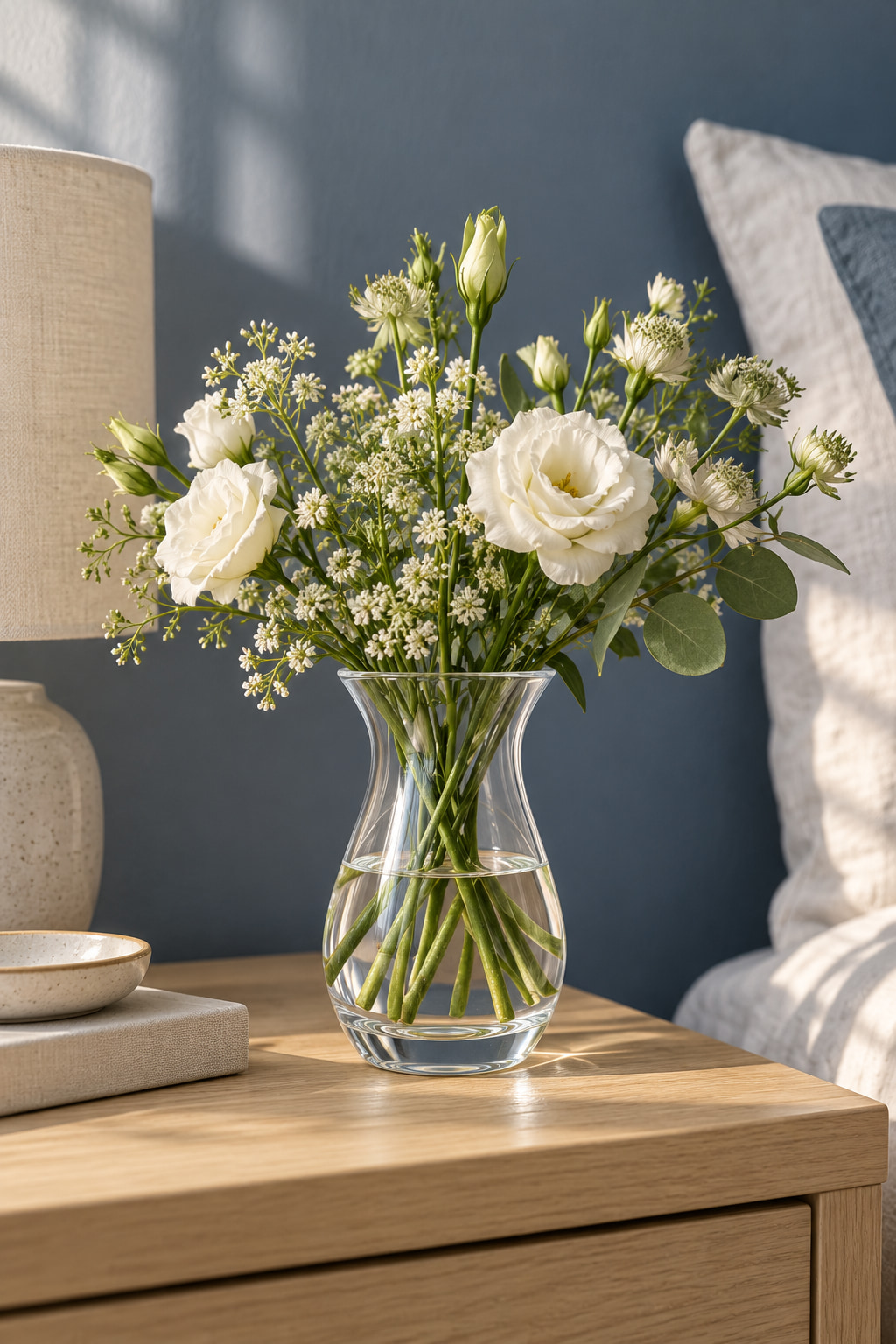 Clear glass posy vase filled with small white flowers on an oak bedside table.