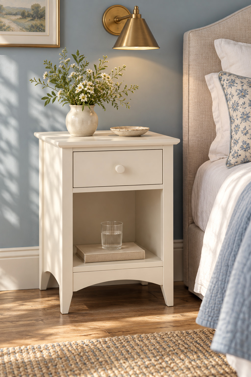 Ivory bedside cabinet with one drawer and an open shelf against a blue bedroom wall.