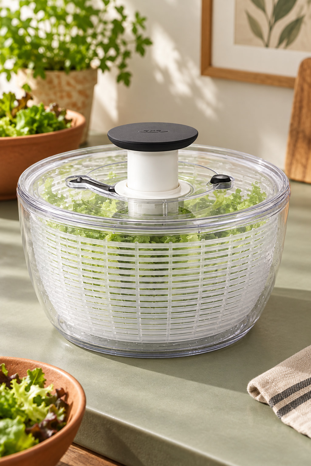 A clear salad spinner with a white basket, black pump and green leaves inside, on a sage-coloured kitchen counter.