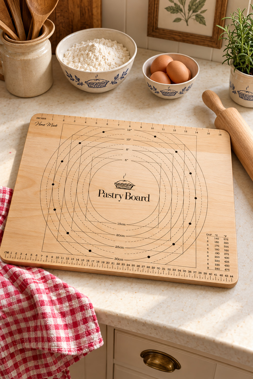 A rectangular beech pastry board with printed circular rolling guides, beside a rolling pin, flour and eggs on a kitchen counter.