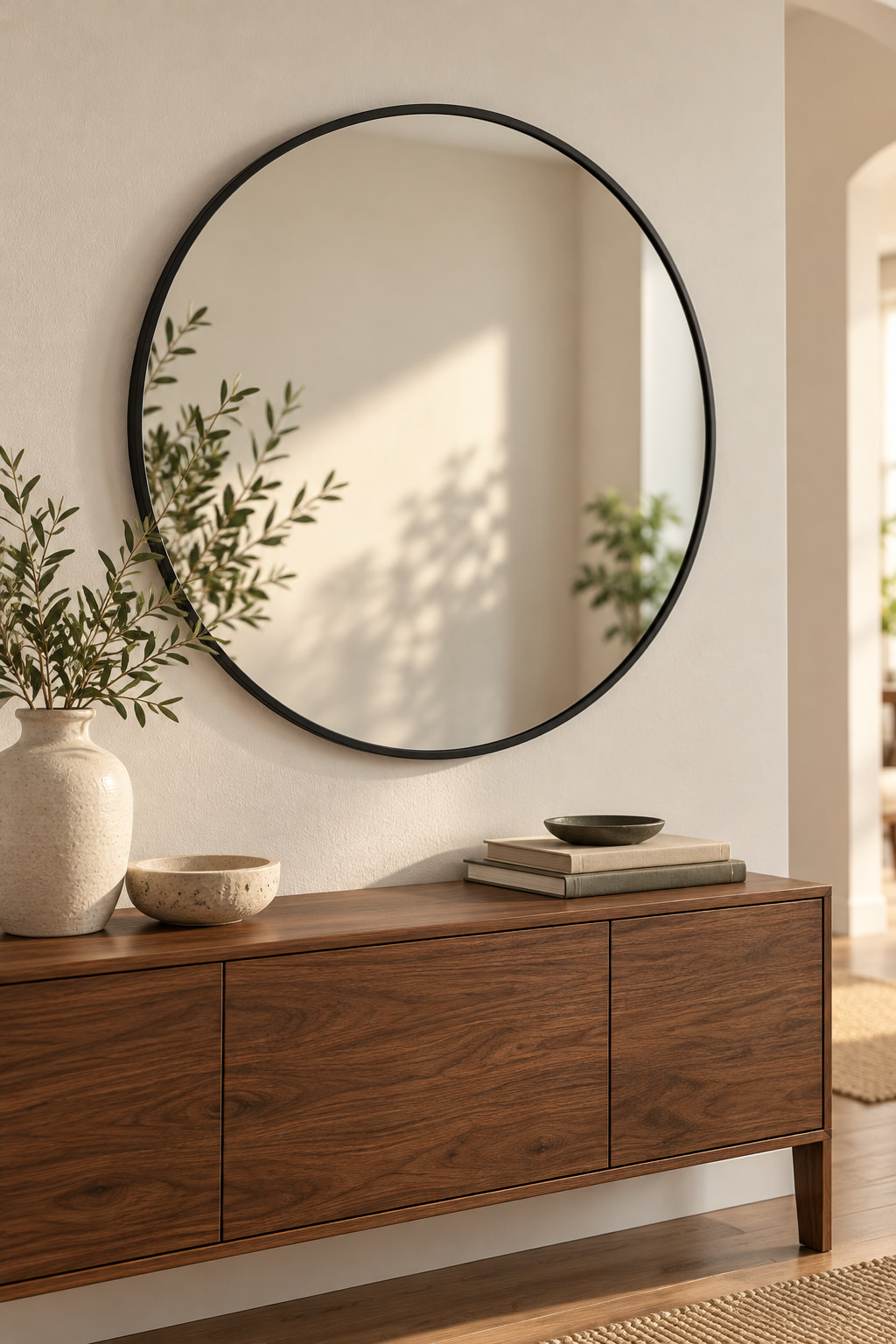 Large circular black-rimmed mirror mounted above a walnut-coloured sideboard.