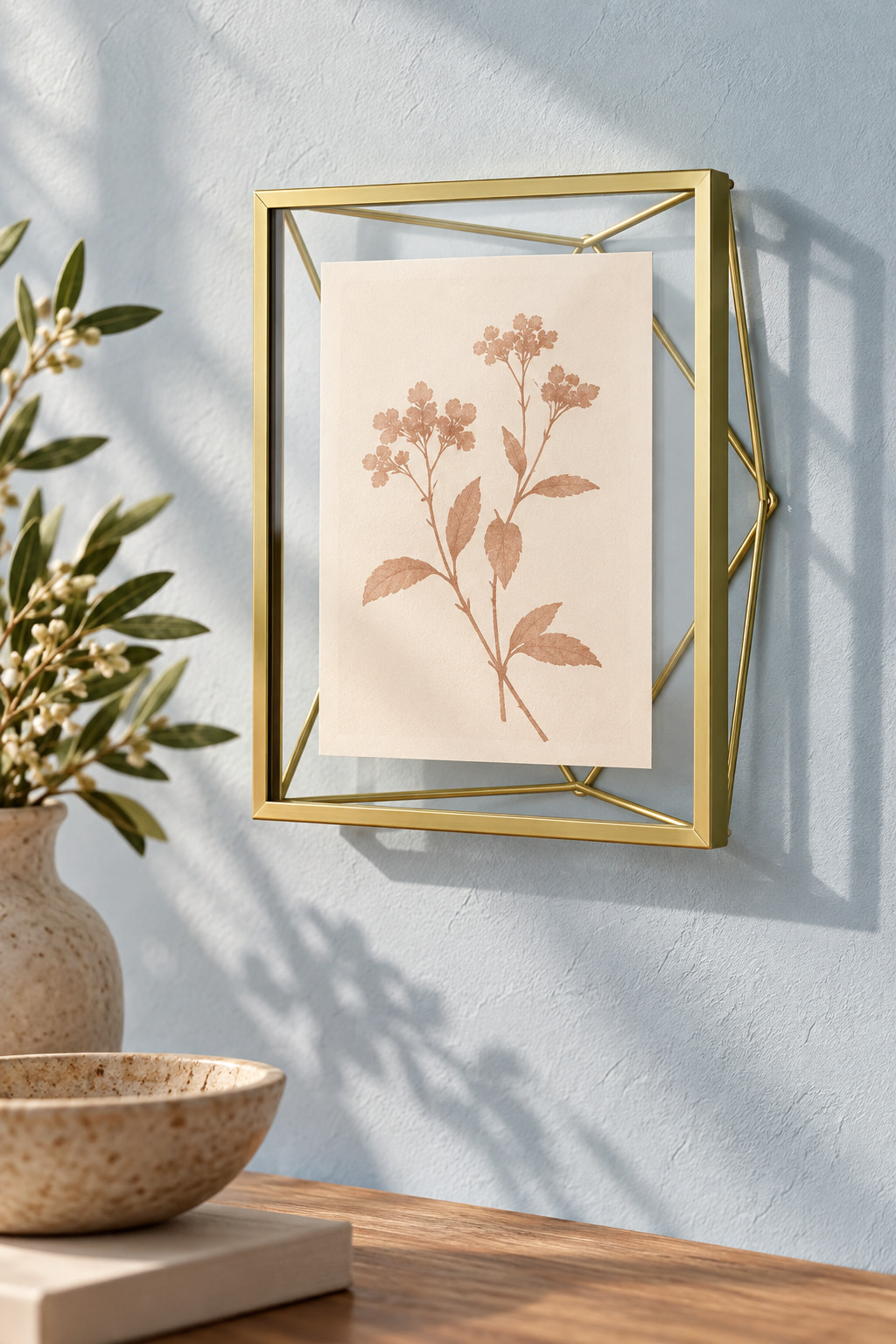 Brass-coloured geometric glass picture frame holding a botanical illustration on a pale blue wall.