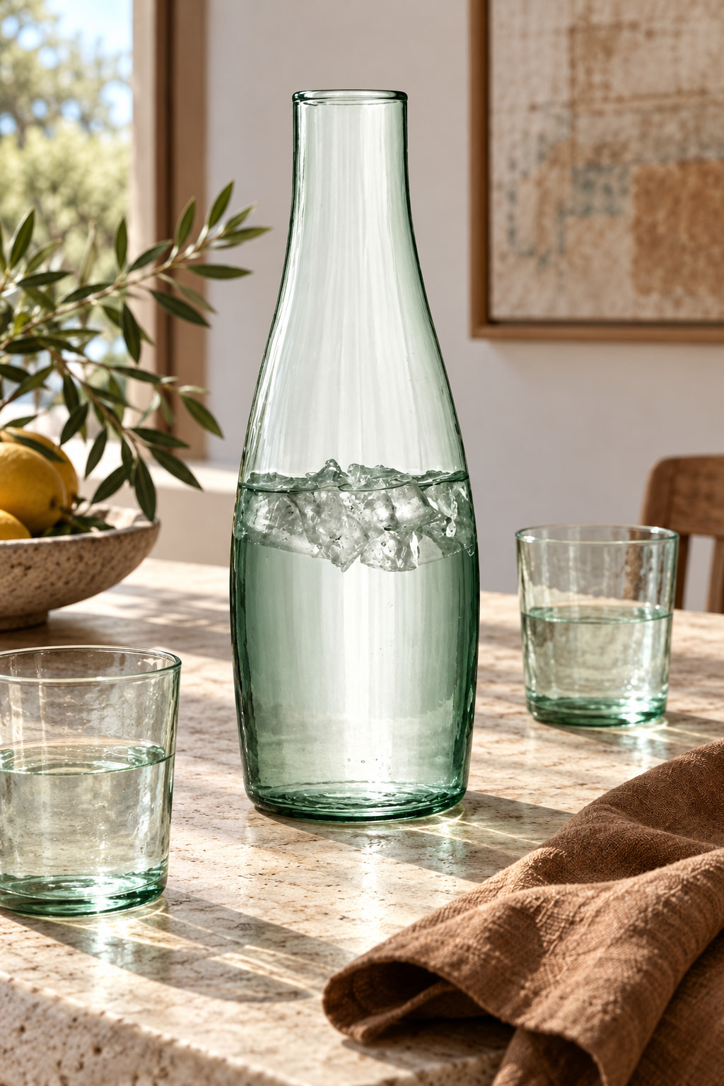 A pale-green glass water carafe with a slender neck and subtly ridged body, beside two tumblers on a stone dining table.
