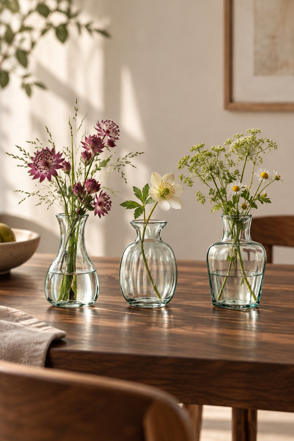 Three small pale-green glass vases with different profiles holding flowers on a wooden dining table.