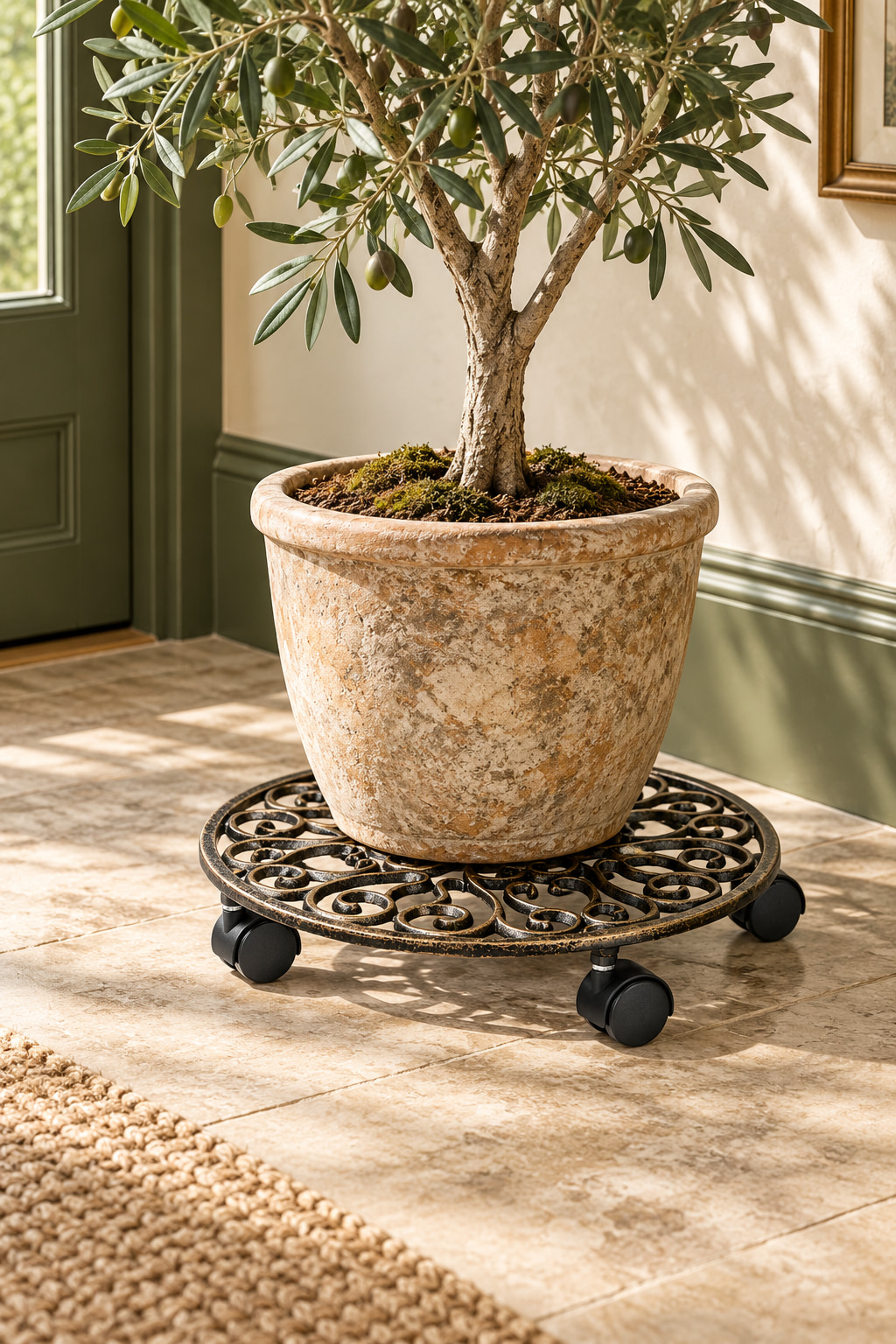 Illustrated close view of an olive tree in a weathered terracotta pot on a low round bronze scrollwork plant caddy with black castors, beside green skirting.
