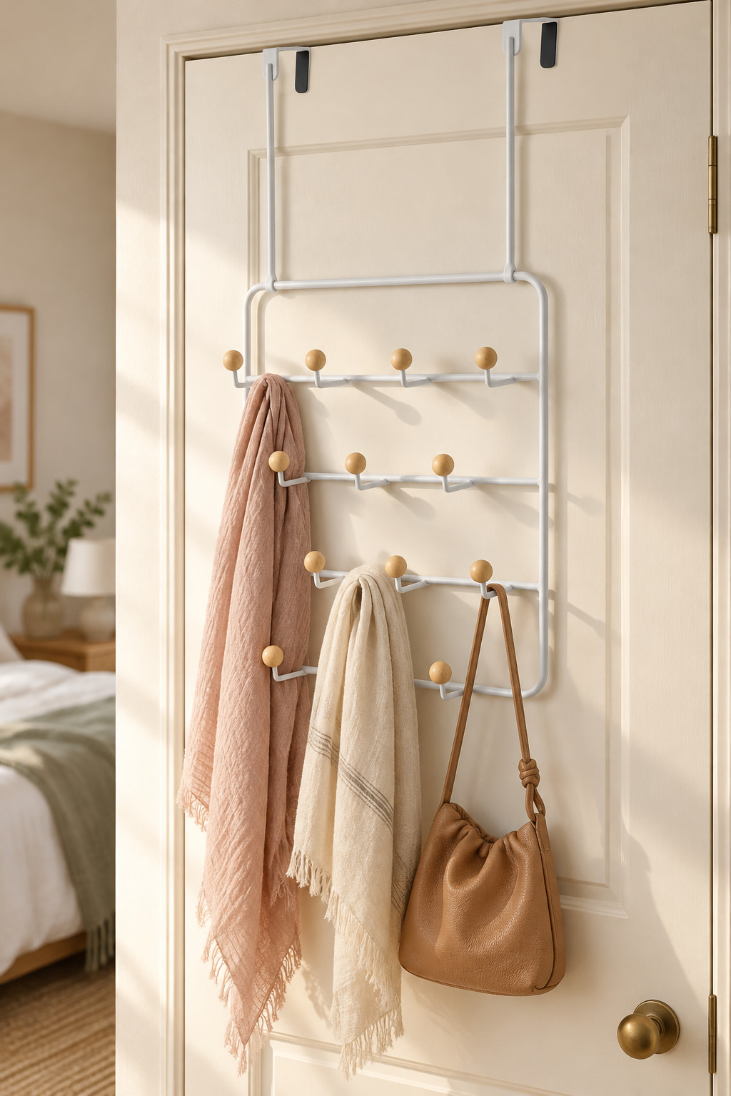 White over-door hook rack with wooden knobs holding two scarves and a tan bag.