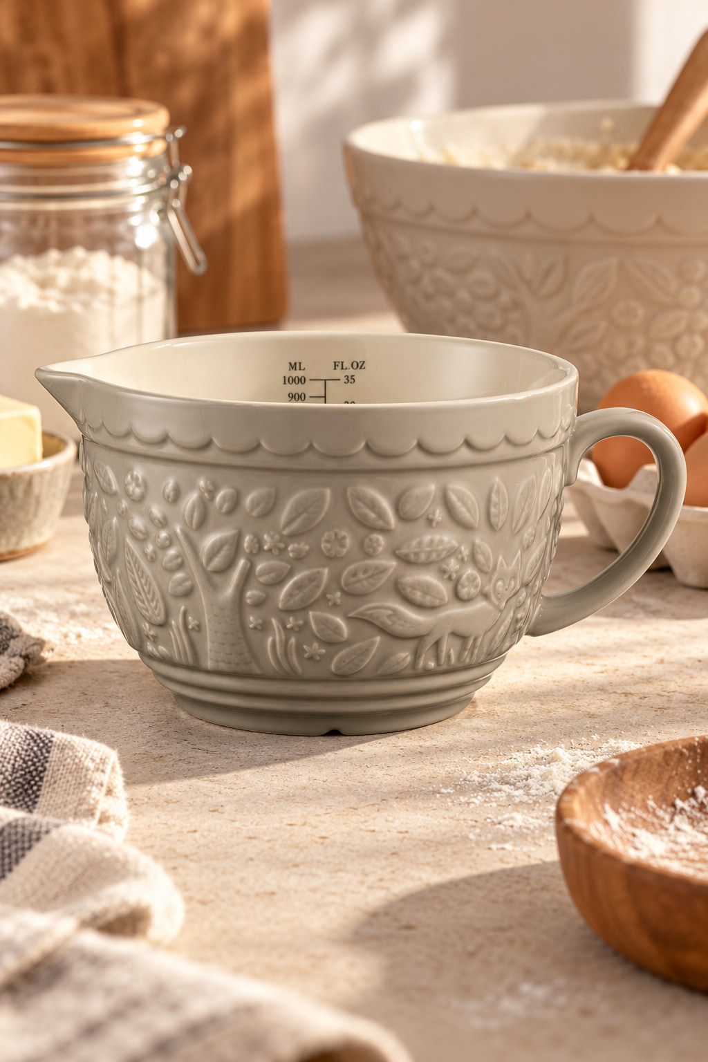 A stone-grey measuring jug with embossed leaves and a pouring lip, beside eggs and baking ingredients on a pale counter.