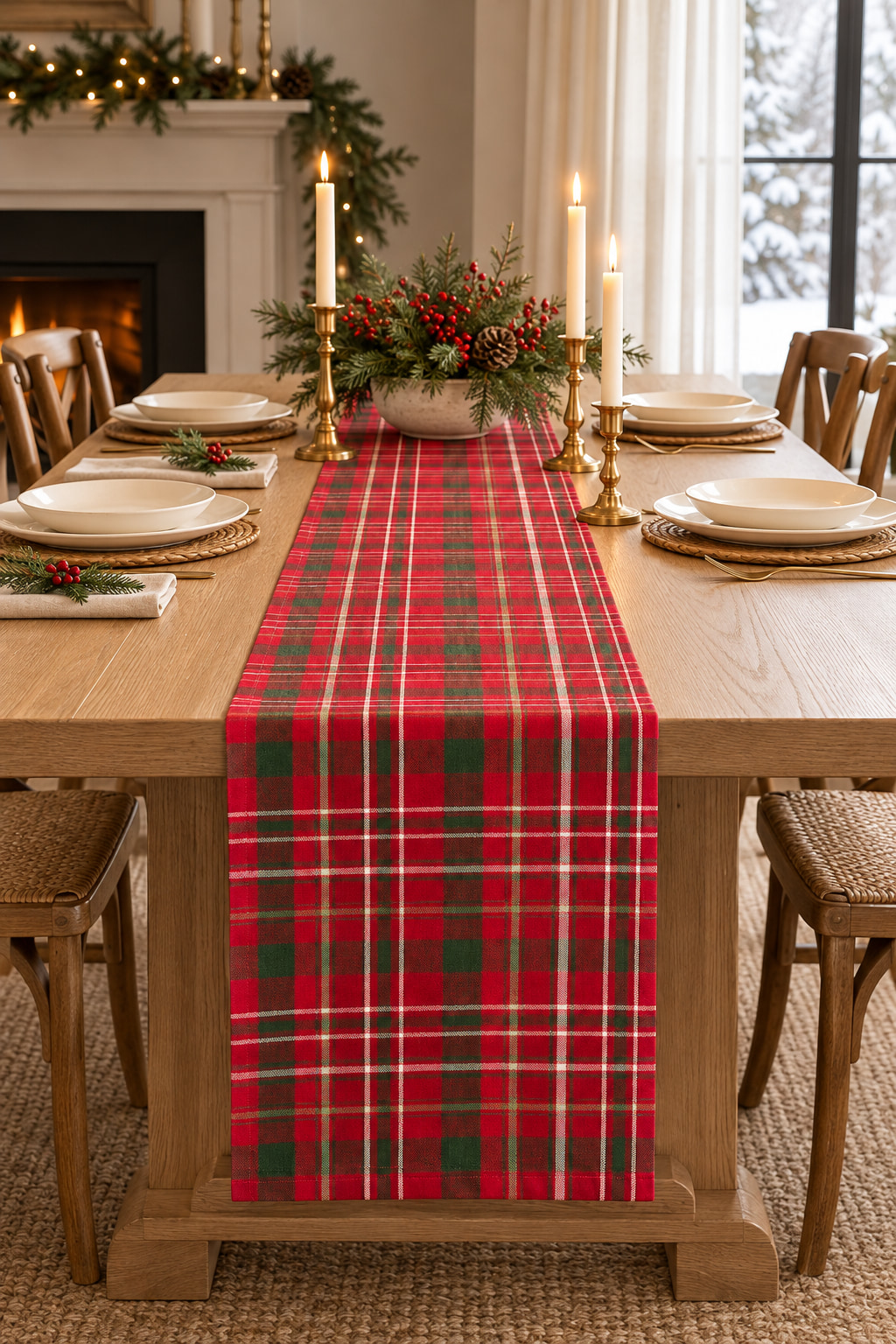 A long red-and-green tartan table runner draped over the end of a pale oak dining table with plain plates and brass candlesticks.