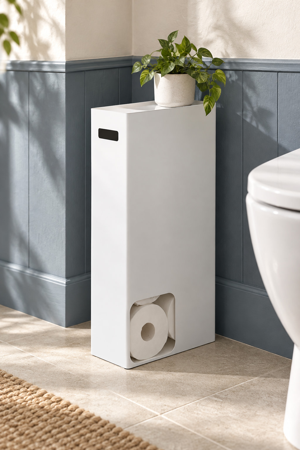 White toilet-roll dispenser beside a blue panelled wall, with a plant on top.