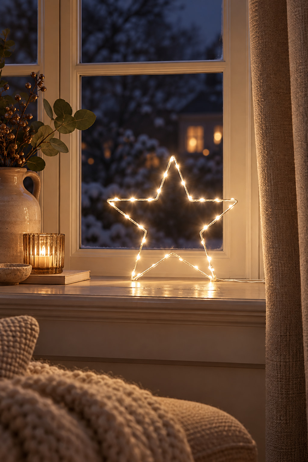 A white metal star outline with warm lights resting on an indoor windowsill at dusk, beside a ceramic jug and candle.