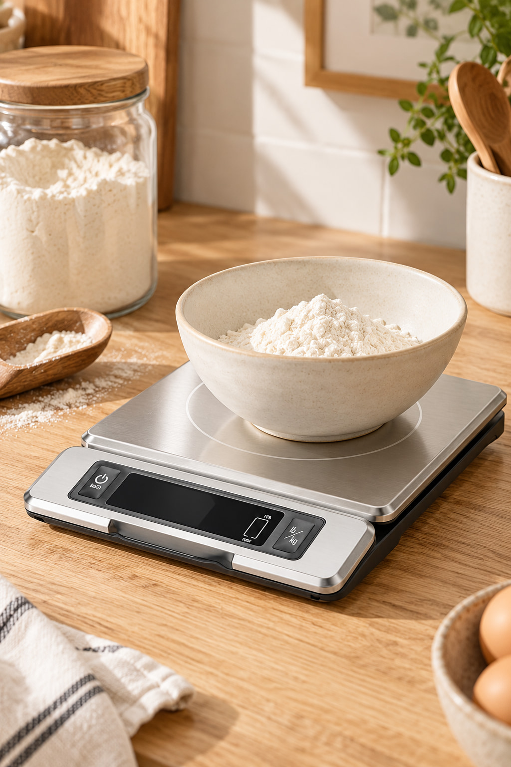 Stainless-steel kitchen scales with a pull-out black display and a cream bowl of flour, on a wooden baking surface.