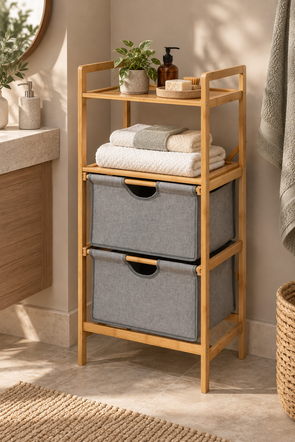 Bamboo bathroom rack with two grey fabric drawers, folded towels and a potted plant.