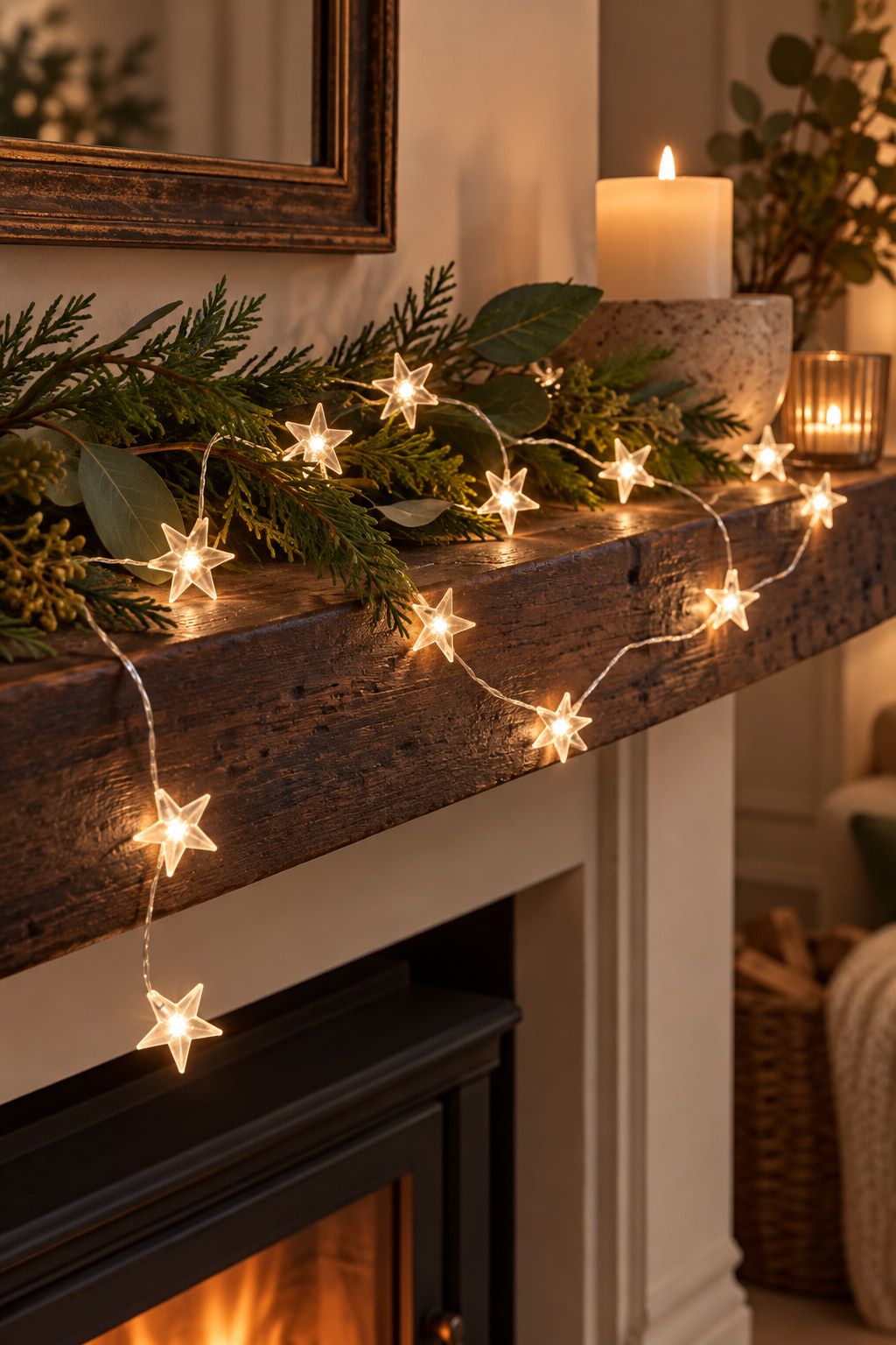 Small clear star-shaped lights on silver wire threaded along greenery on a dark wooden mantel.