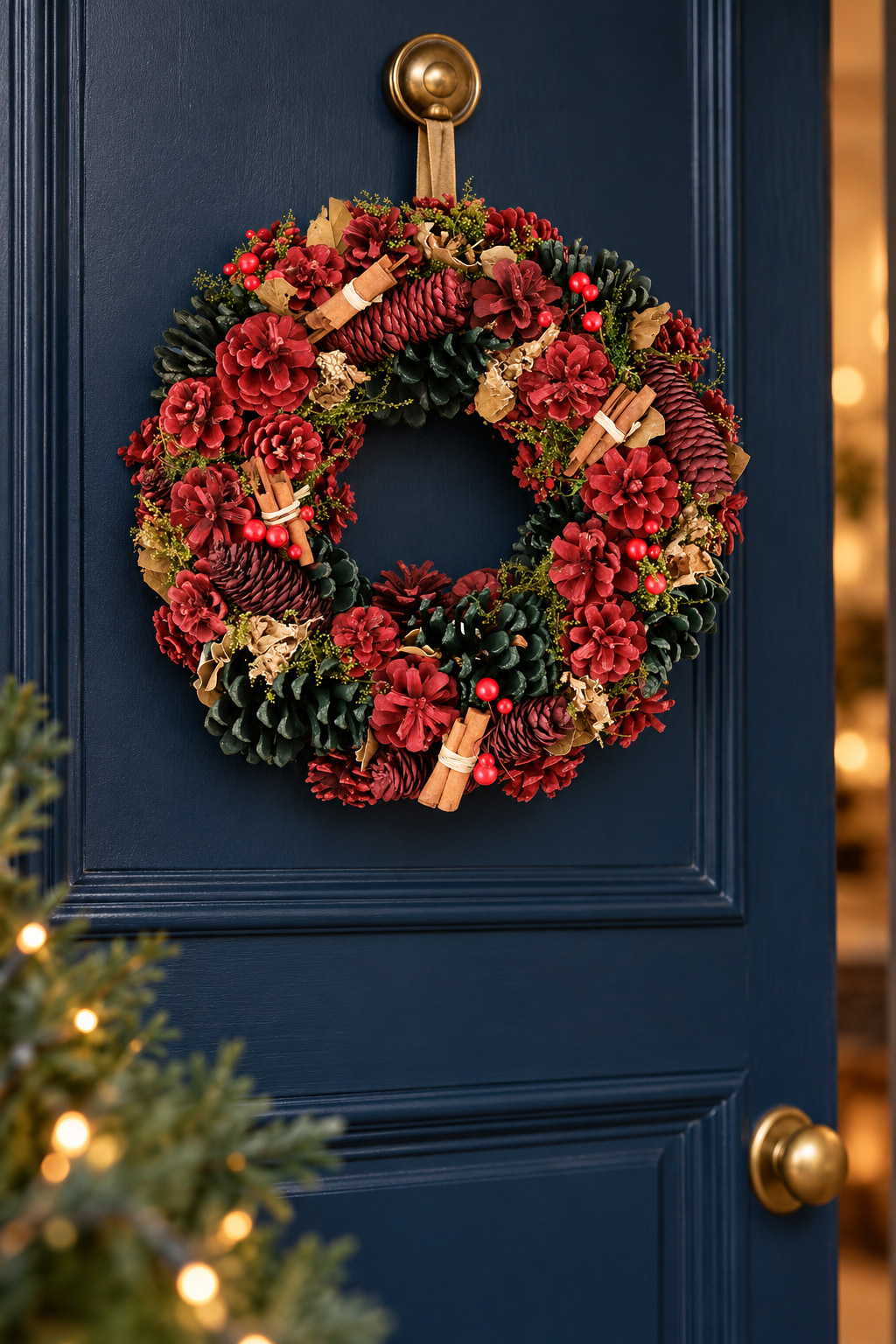 A round wreath of red and green pinecones, cinnamon bundles and berries hanging on a deep-blue panelled door.