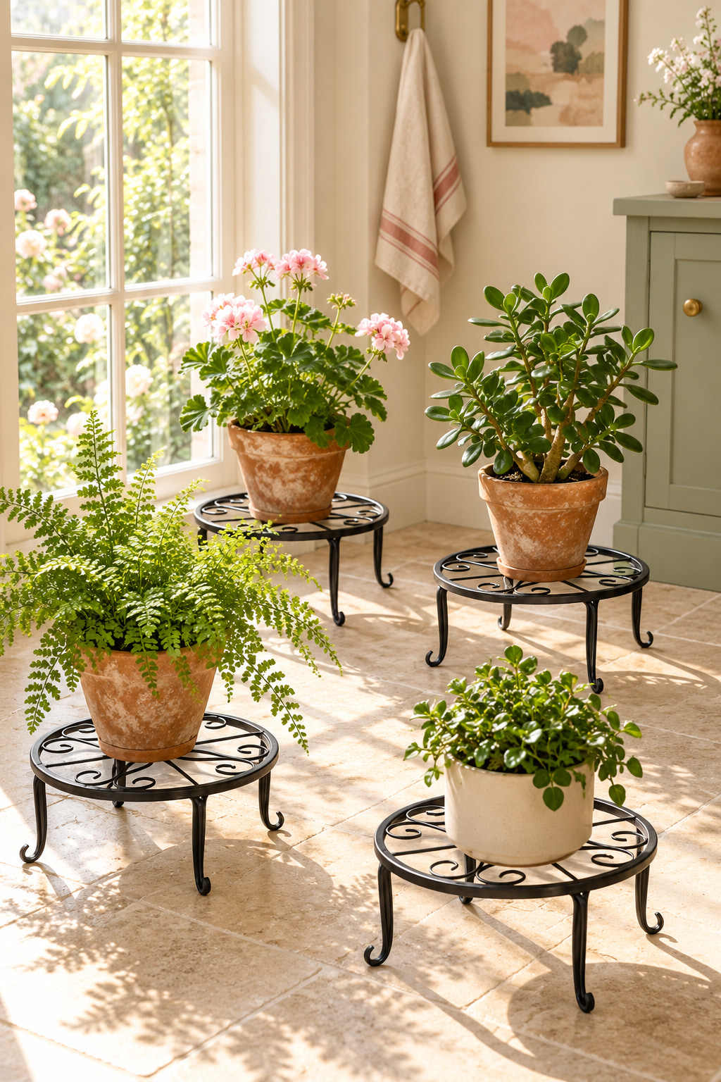 Illustrated sunlit room with four low round black iron plant risers holding fern, geranium and leafy plants in terracotta and cream pots.