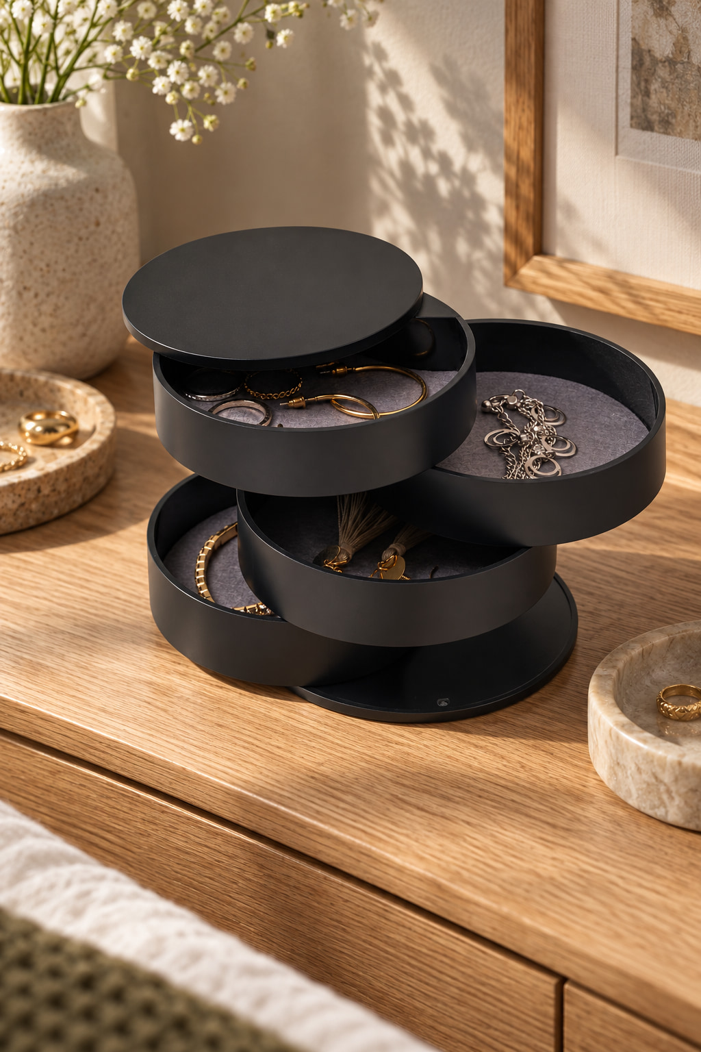 Black rotating jewellery box with four round trays opened on a wooden dressing table.