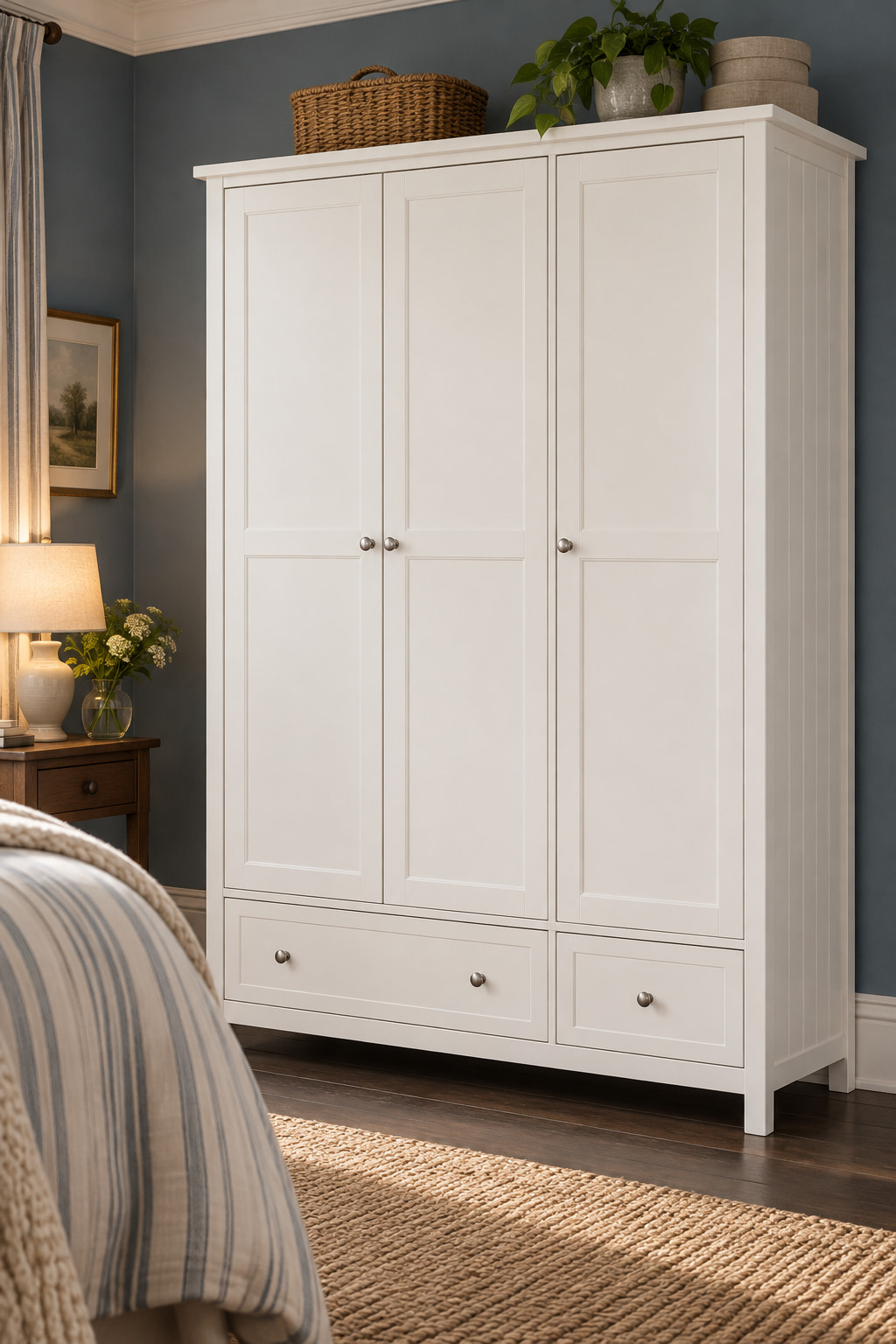 White three-door wardrobe with two drawers in a bedroom with slate-blue walls.