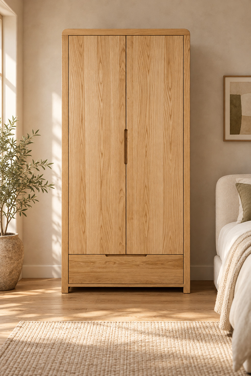 Rounded oak wardrobe with recessed door pulls in a softly lit clay-coloured bedroom.
