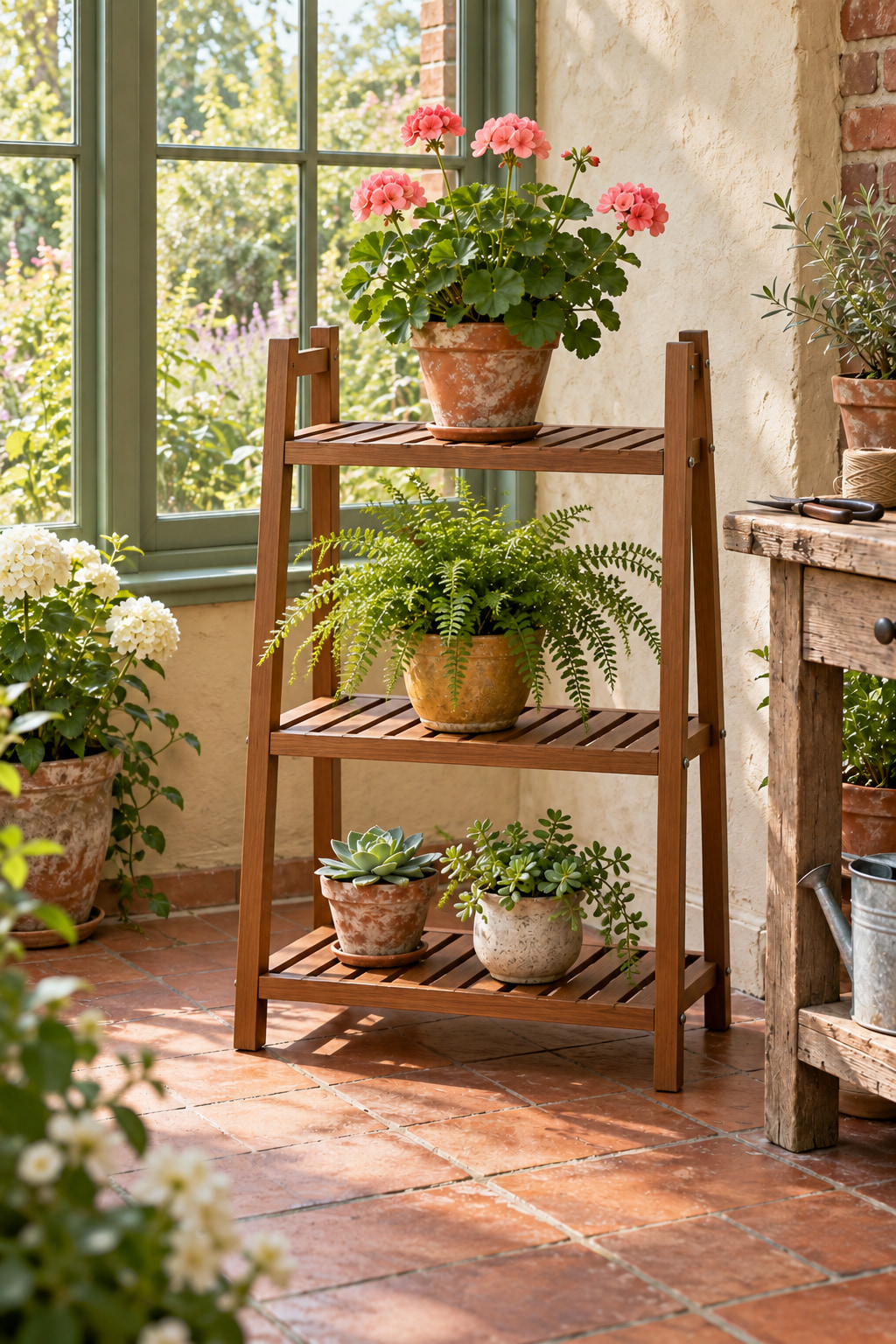 Illustrated rustic garden room with coral flowers, a fern and two small succulents on a three-tier wooden ladder stand. Green-painted windows, terracotta floor tiles and a worn wooden table surround the display.