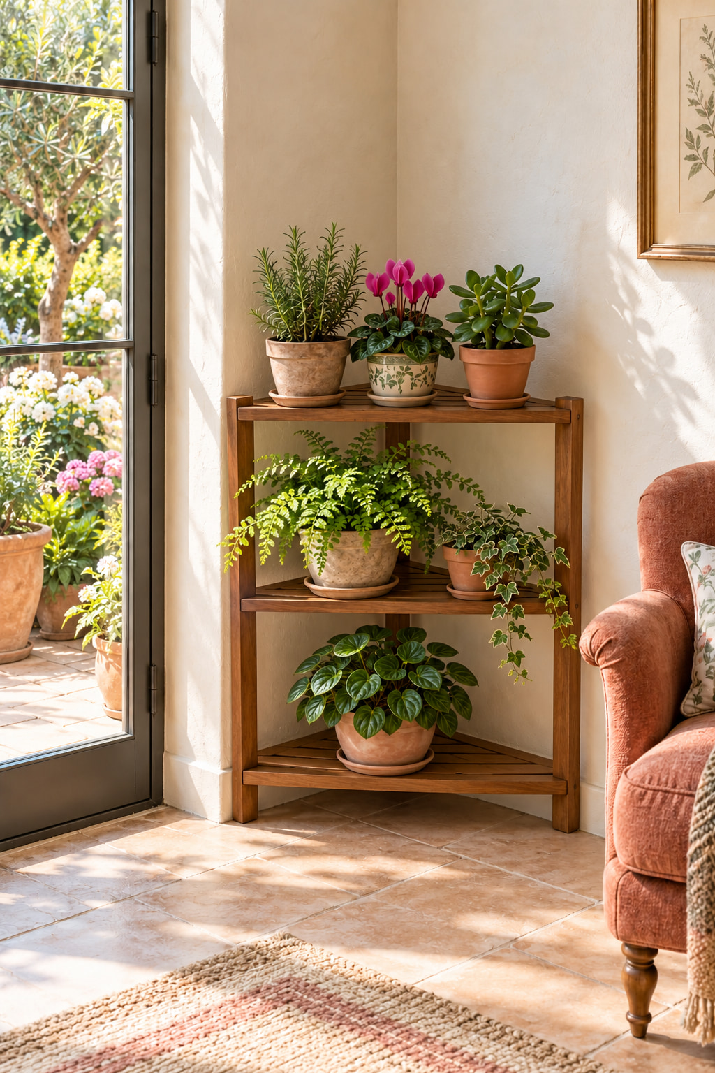 Illustrated sunny garden room with leafy plants and pink flowers on a three-tier triangular wooden corner shelf. A glazed garden door sits to the left and a terracotta-coloured armchair to the right.
